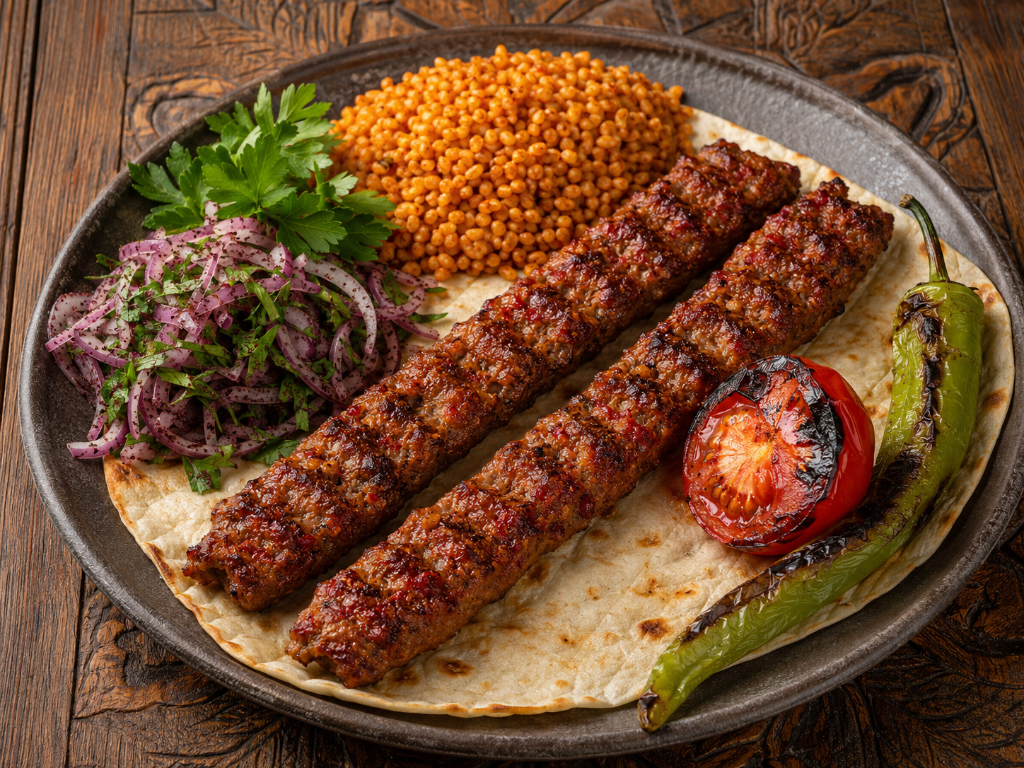 Adana kebabas su lavašu, bulguru, svogūnais ir keptomis daržovėmis