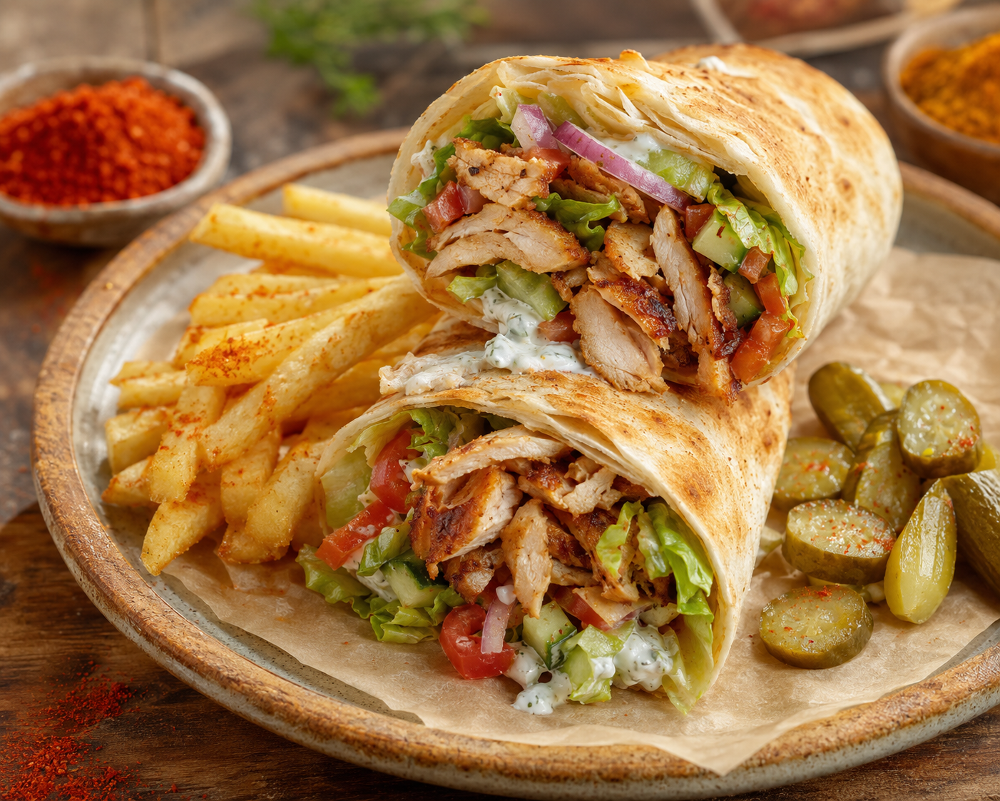 Vištienos kebabas lavaše su daržovėmis, bulvytėmis ir agurkėliais